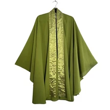 Vintage Tally Taylor Womens Jacket 18W Green Open Front Kaftan Sleeve Satin Trim