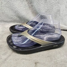 Oofos Shoes Womens 8 Gold Black Oolala Thong Comfort Recovery Sandals *Read*