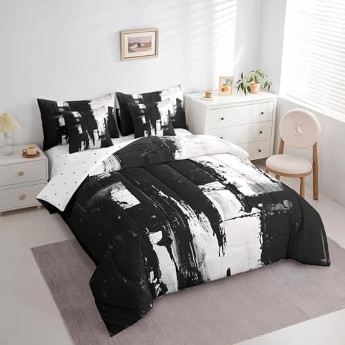  Juego de edredón abstracto blanco y negro para adultos talla 7 piezas blanco rey negro Foto 2 de 4