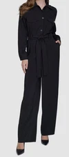 Halston Women Black Trench Tie-Waist Wide-Leg Long-Sleeve Jumpsuit Size: 12