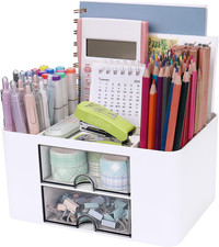 Plastic Pen Organizer, Multifunctional Desk Organizer with 2 Drawers, 4 Compartm