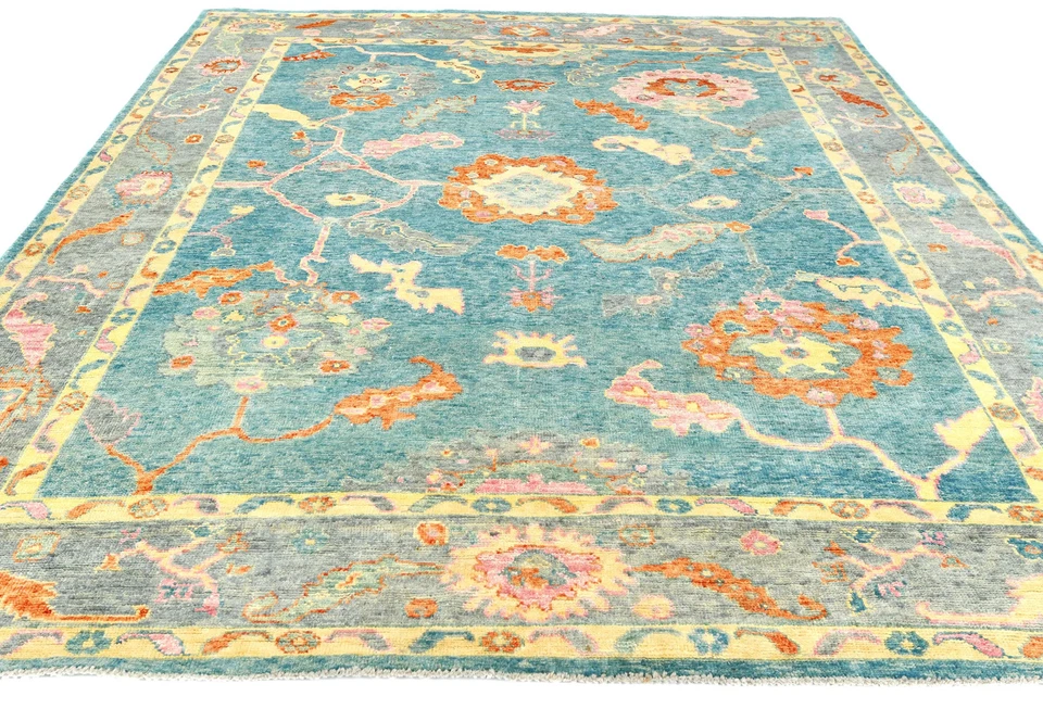 Handmade Muted Blue Floral Oushak Chobi Oriental Rug Farmhouse Carpet 8X10 ft - Image 2 of 4