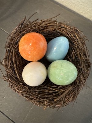 Onyx Marble Stone Alabaster Eggs Coral Salmon Jade Polished Birds Nest Set Of 4