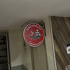 Chevrolet Corvette Double Sided Hanging Pub Sign Mancave 15x15. Bracket Incl