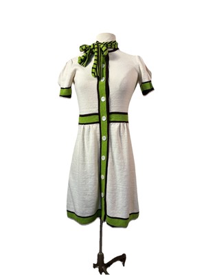 Milly of New York Ivory Knit Dress Button Front W/ Scarf Sz SMALL Short Sleeve