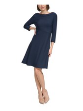 TOMMY HILFIGER Womens Navy Button Unlined 3/4 Sleeve Fit + Flare Dress 2