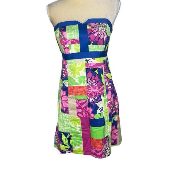 Lilly Pulitzer Strapless Patchwork Color Block Dr… - image 1