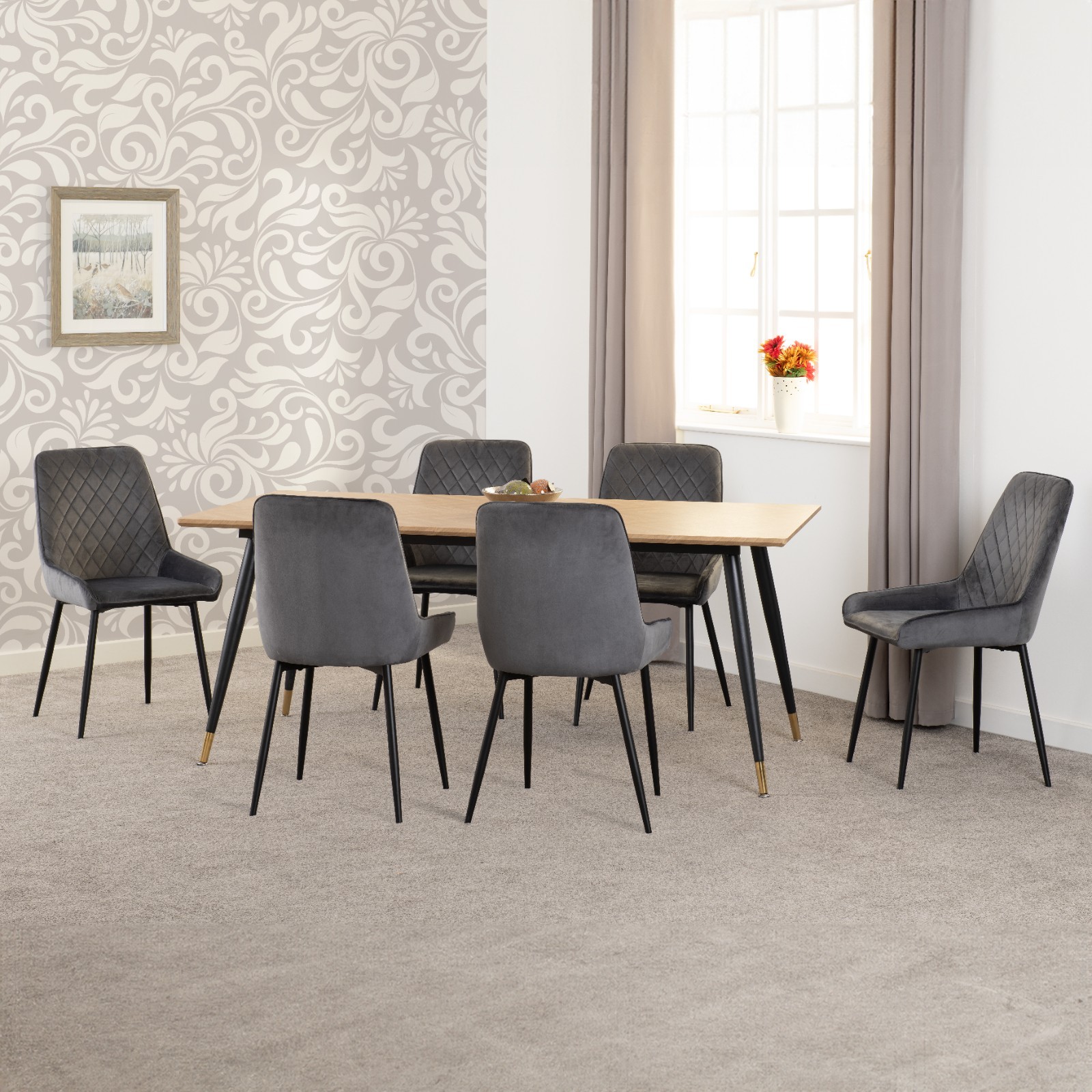 Hamilton Large Dining Set Oak Effect Herringbone Table & 6 Grey Avery Chairs