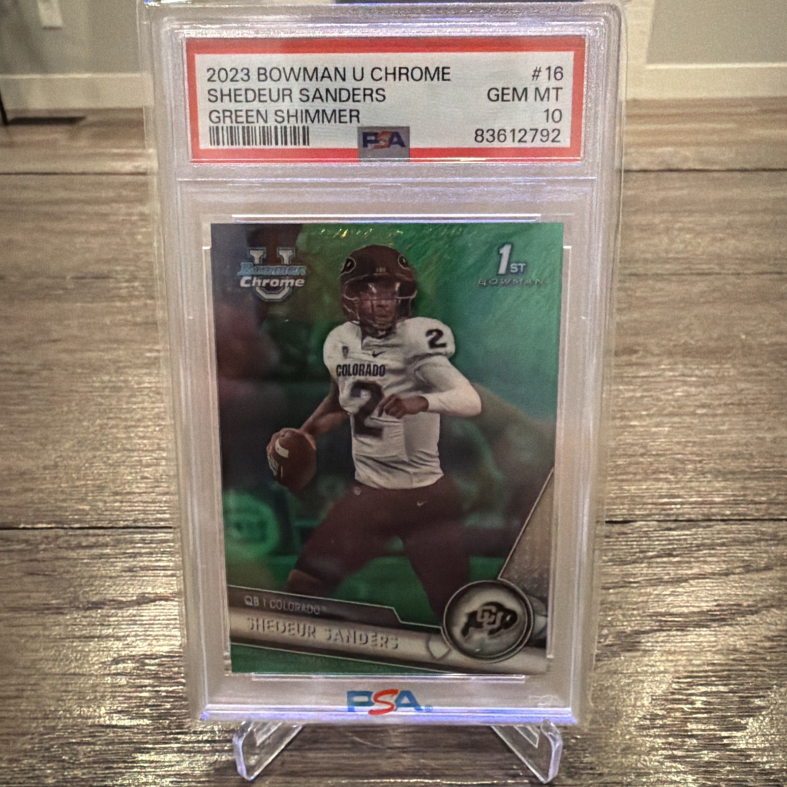 2023 BOWMAN CHROME U SHEDEUR SANDERS 1ST GREEN SHIMMER /99 PSA 10 BROWNS