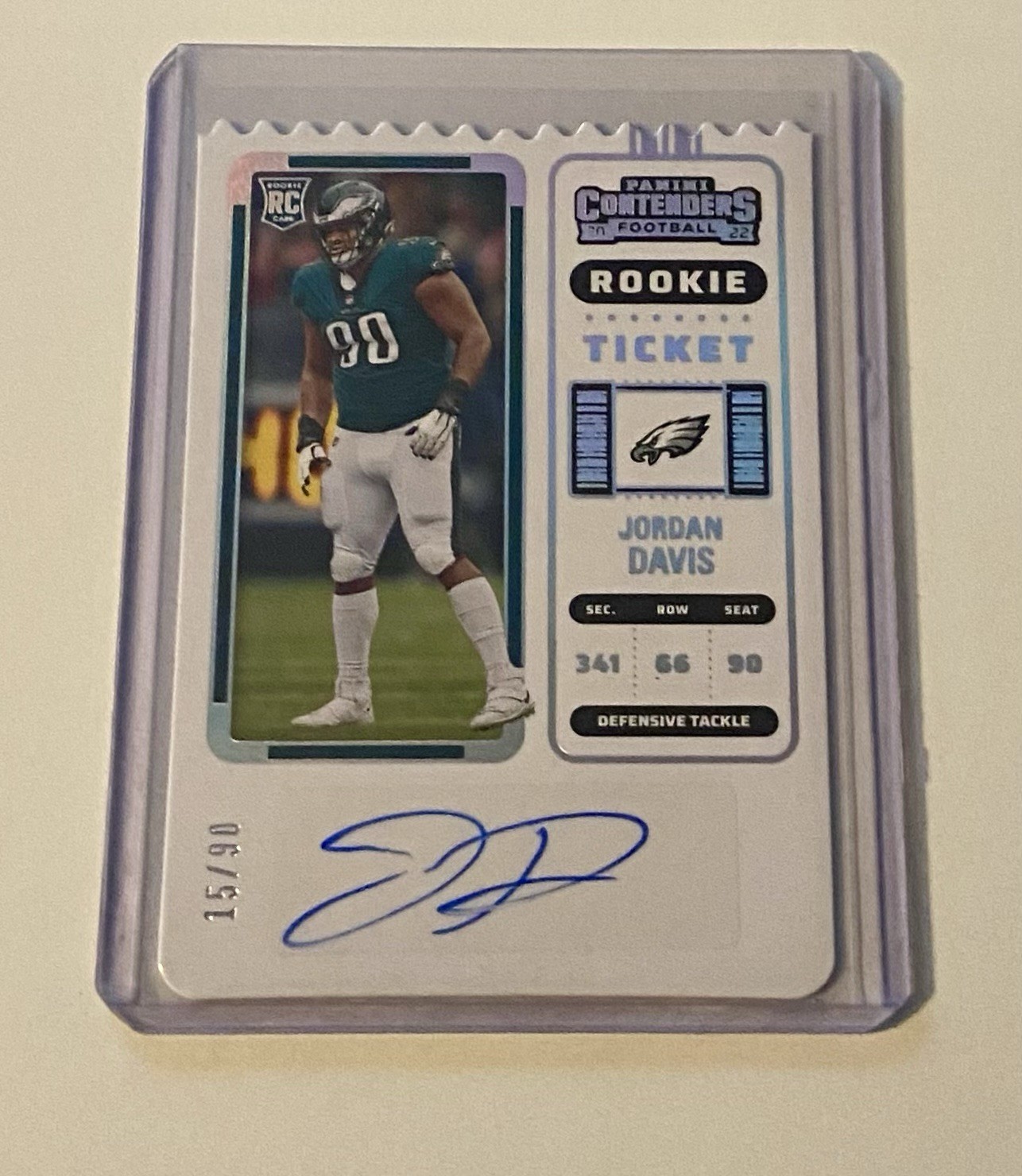 2022 CONTENDERS ROOKIE TICKET STUB JORDAN DAVIS EAGLES RC AUTO /90