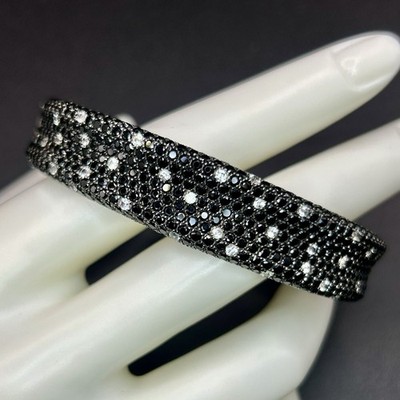 Pavé Black & White Gemstone 925 Sterling Silver Cuff Bangle Bracelet 31 grams