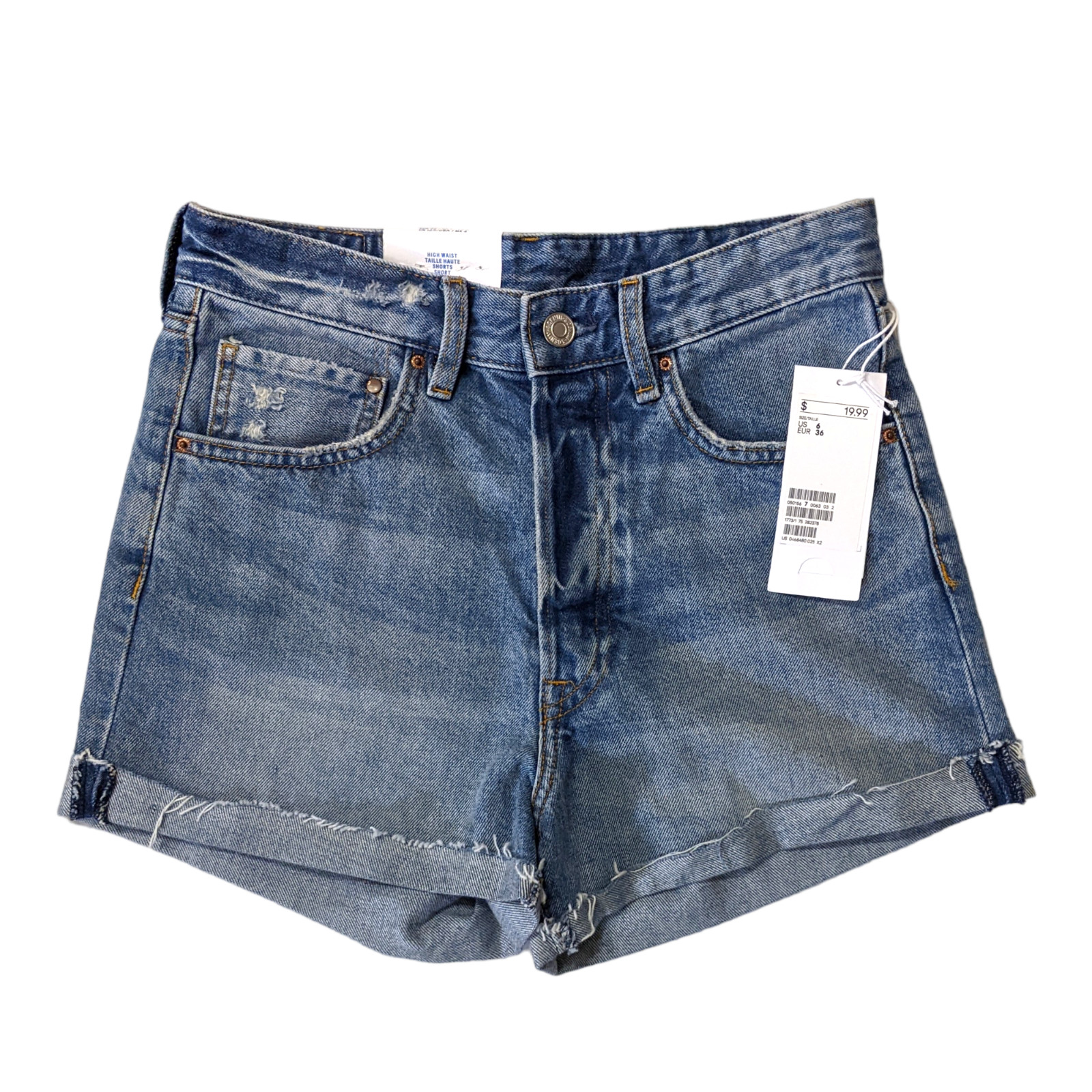 H&M High-Waisted Jean Shorts Women's 6 Cuff Raw Hem Blue Denim Medium Wash NWT