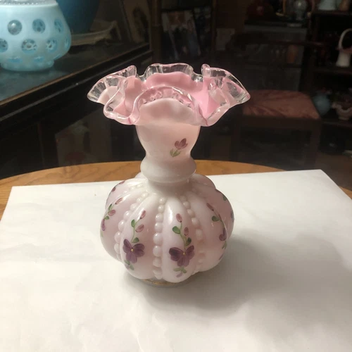 FENTON Peach Crest 6 3/8" Beaded Melon Vase Hand Painted with Violets Pre Logo