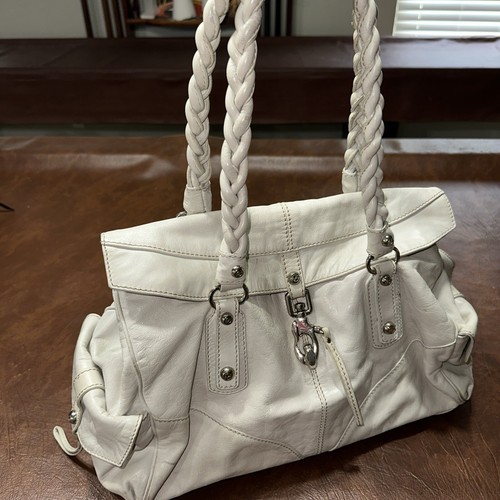 Vintage Francesco Biasia Large White Leather Braided Strap Flap Tote Purse - Picture 3 of 5