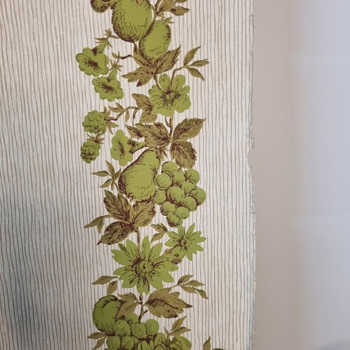 Vtg Retro 50' 60's Wallpaper Brown Green Stripe Fruit Veggies Grape Country - Picture 4 of 11