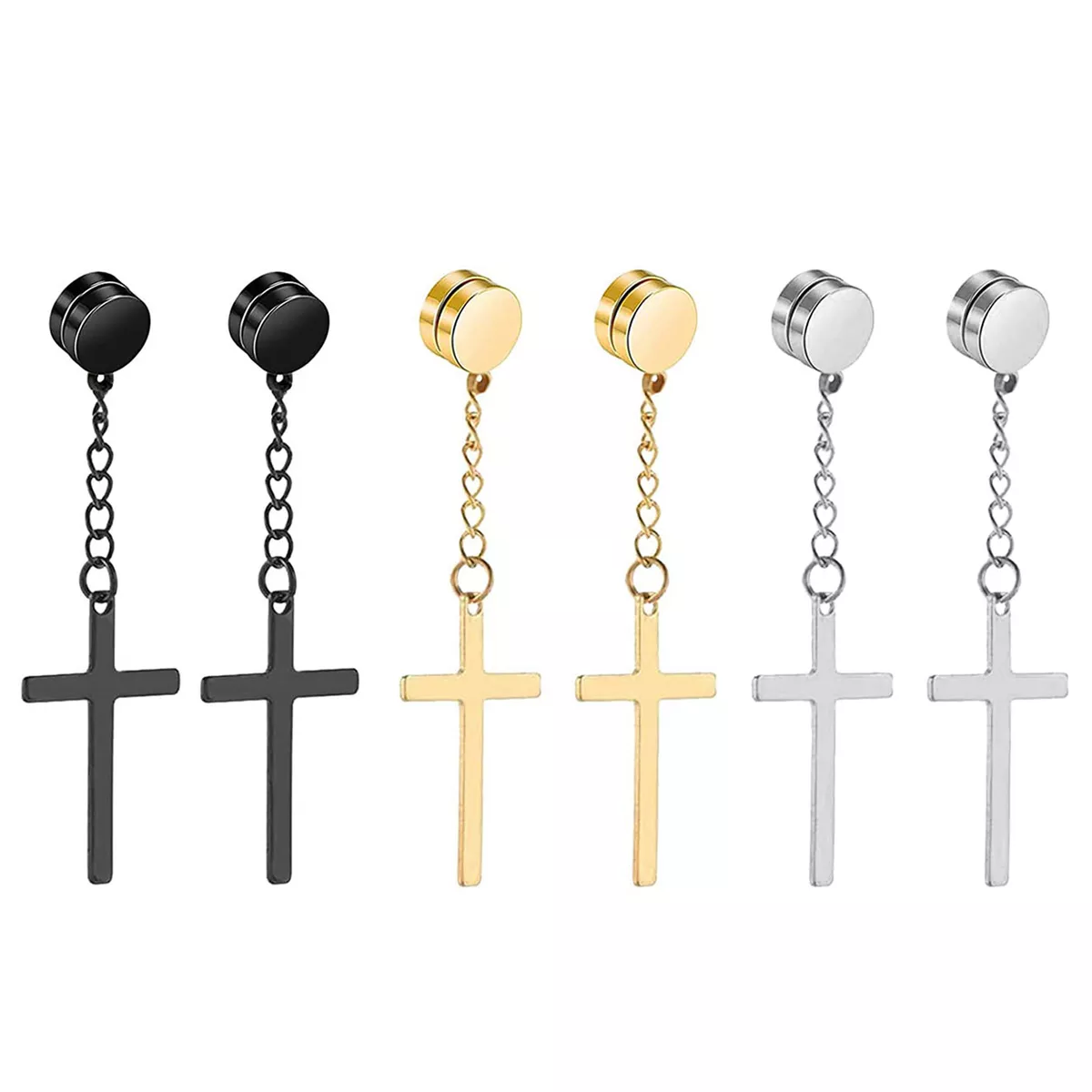 2pcs Stainless Steel Cross Dangle Studs Magnetic Earrings Non