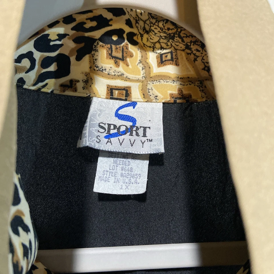 Vintage Sport Savvy Windbreaker Track Jacket 1X Gold Black Animal Print USA 90’s - Image 3 of 4