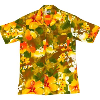 RARE VTG 70s SUN MARI BARK CLOTH HAWAII ALOHA SHIRT TIKI ROCKABILLY S