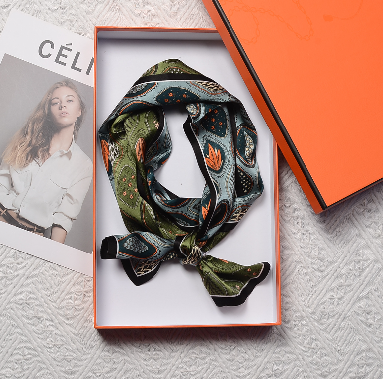 Pure 100% Silk 12 Momme Green grass Print Scarf Double-Layer Ribbon 150X17cm NEW