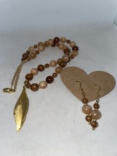 19  Handmade Bead Necklace Pierced Earrings Set Brown Tan Gold Leaf Seed Beads