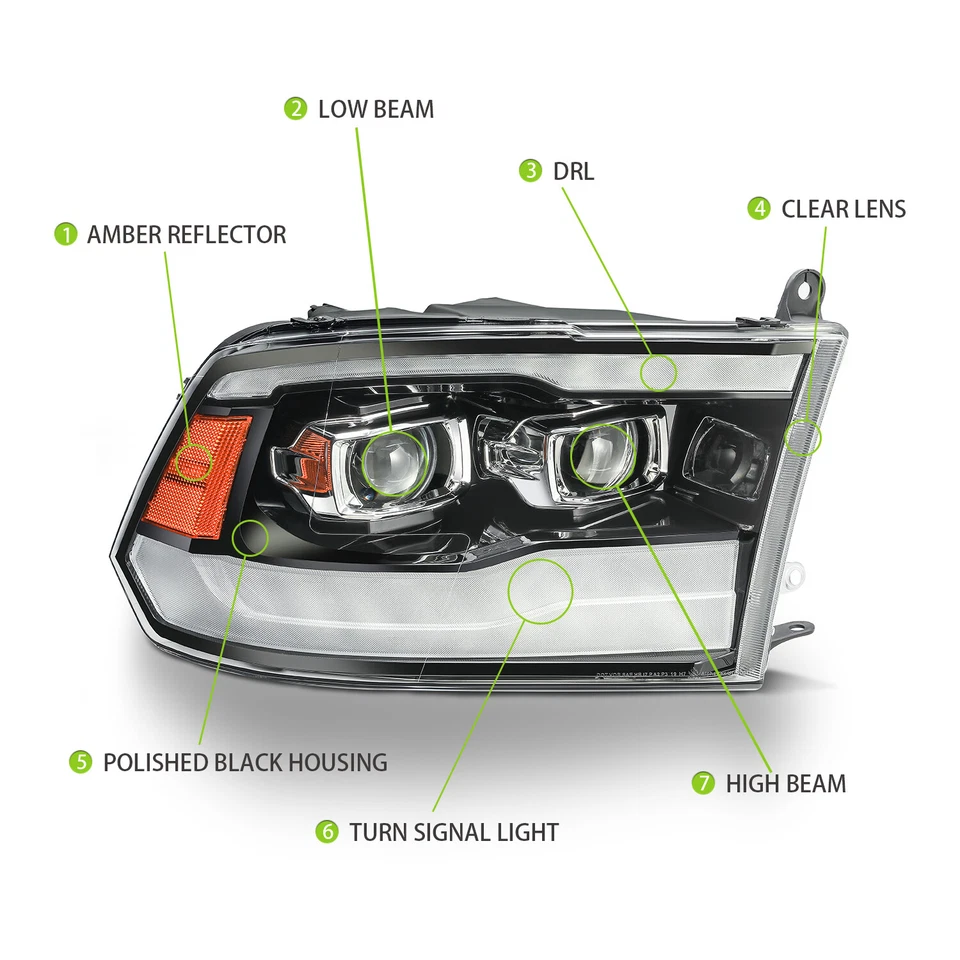 Fit 2009-2018 Dodge Ram1500/2500/3500 Polished Black Projector Headlights - Image 3 of 4