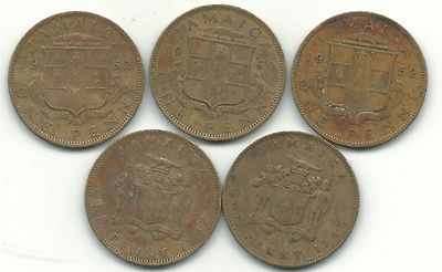 LOT 5 JAMAICA 1 PENNY-1952,1960,1962,1965,1967-MAY214