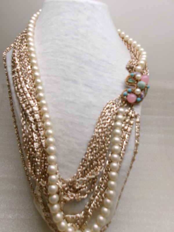Vintage Florenza Necklace  Faux Pearl Semi Precious Gem Clasp 13 StrandGold Tone