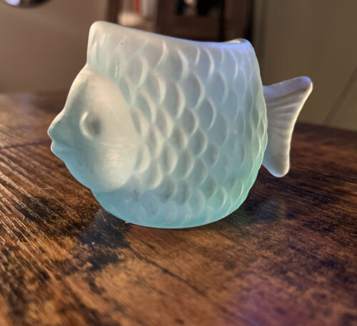Vintage Aqua-Blue Fish Candle Holder Frosted Embossed - Nautical Decor - Picture 1 of 8