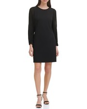 Tommy Hilfiger Black A-Line Pleated Chiffon Sleeve Dress L23412 Womens Size 14