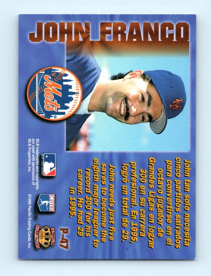 John Franco Mets 1996 Pacific Collection Baseball Card P-47 - Image 2 of 2