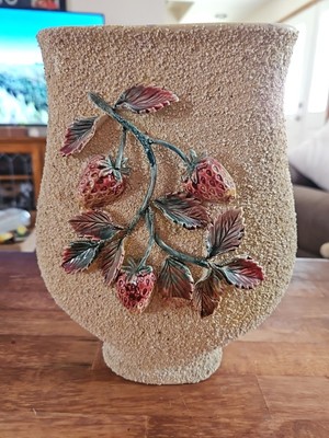 Barbotine Sand Pottery Vase Strawberries Antique Majolica Vintage Beautiful 