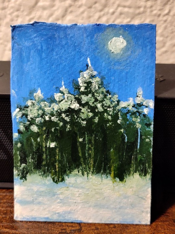 ACEO Original Winter Mixed Oil Pastel Painting Art Card "Snow on Pines"