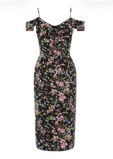 Oasis Black Floral Bird Print Bodycon Midi Dress Square Neck Sleeveless XS