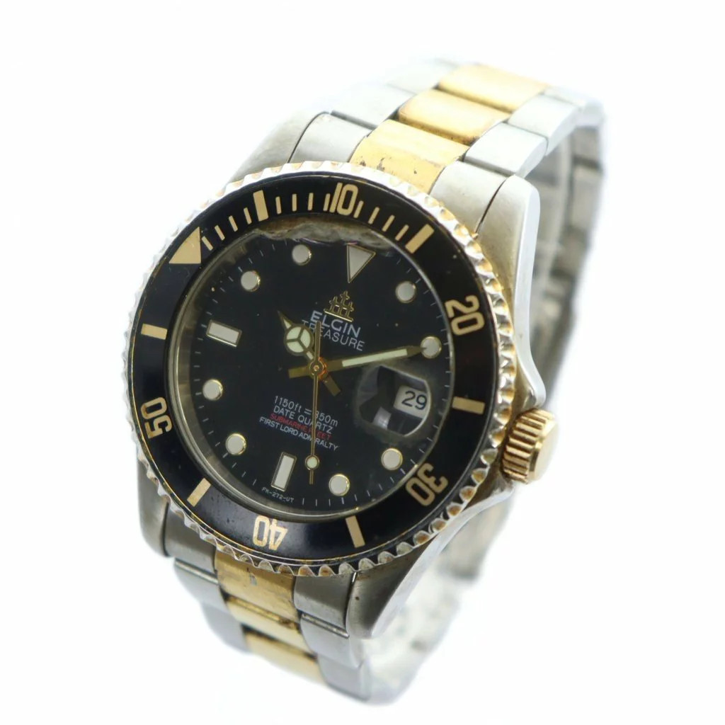 ELGIN FK-272-UT Used Silver and Gold Watch with Black Dial and