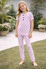 GIGI AND MAX Girls Pajama Set Pink Check Bamboo Size 6/7 Pullover Long Sleeve