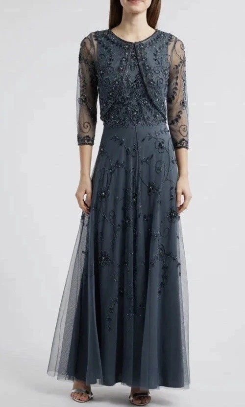knee length dresses for ladies NWT PISARRO NIGHTS Slate Navy Beaded Mesh Mock Two-Piece Sequined Gown   Periwinkle Packages