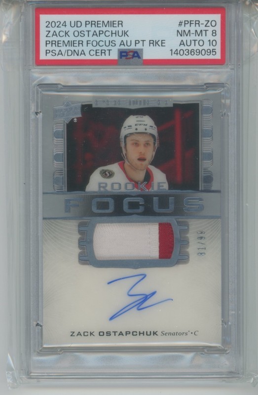 PSA 8/10 ZACK OSTAPCHUK 2024-25 UD Premier Rookie Focus Auto RC Patch RPA SP /99
