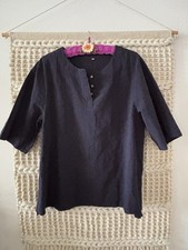 Minibee Women's Navy Blue Cotton Linen Jacquard Blouse 3/4 Sleeve Button XXL