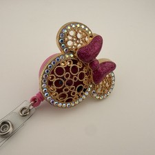 Disney Women s Minnie Mouse Rhinestone Badge with Charms ID Holder Keychain Clip