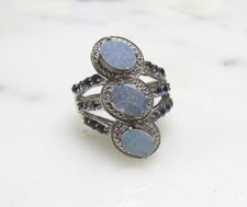 3 Stone Opal Sterling Silver Cocktail Ring w/ Unknown Accents 6.2g 12-A662