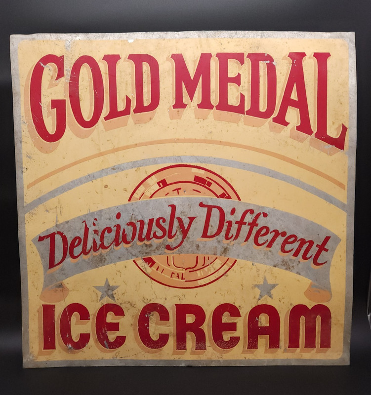 Vintage Gold Medal Ice Cream Deliciously Different Sign 24" x 24" Painted Metal