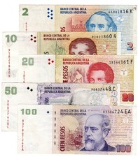 LOT OF FIVE 2002-03 ARGENTINA 2-100 PESOS NOTES - p352-357 VF/XF