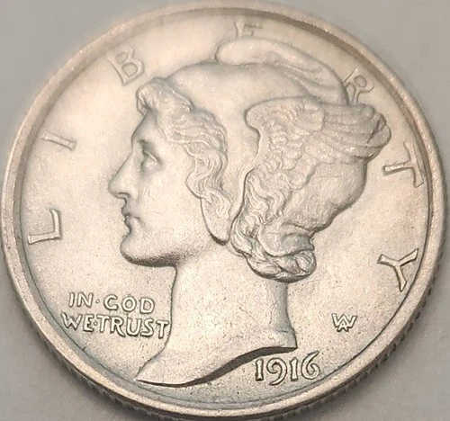 1916 Mercury Dime AU+/FB Full Split Bands, Sharp Early Date, Beautiful coin