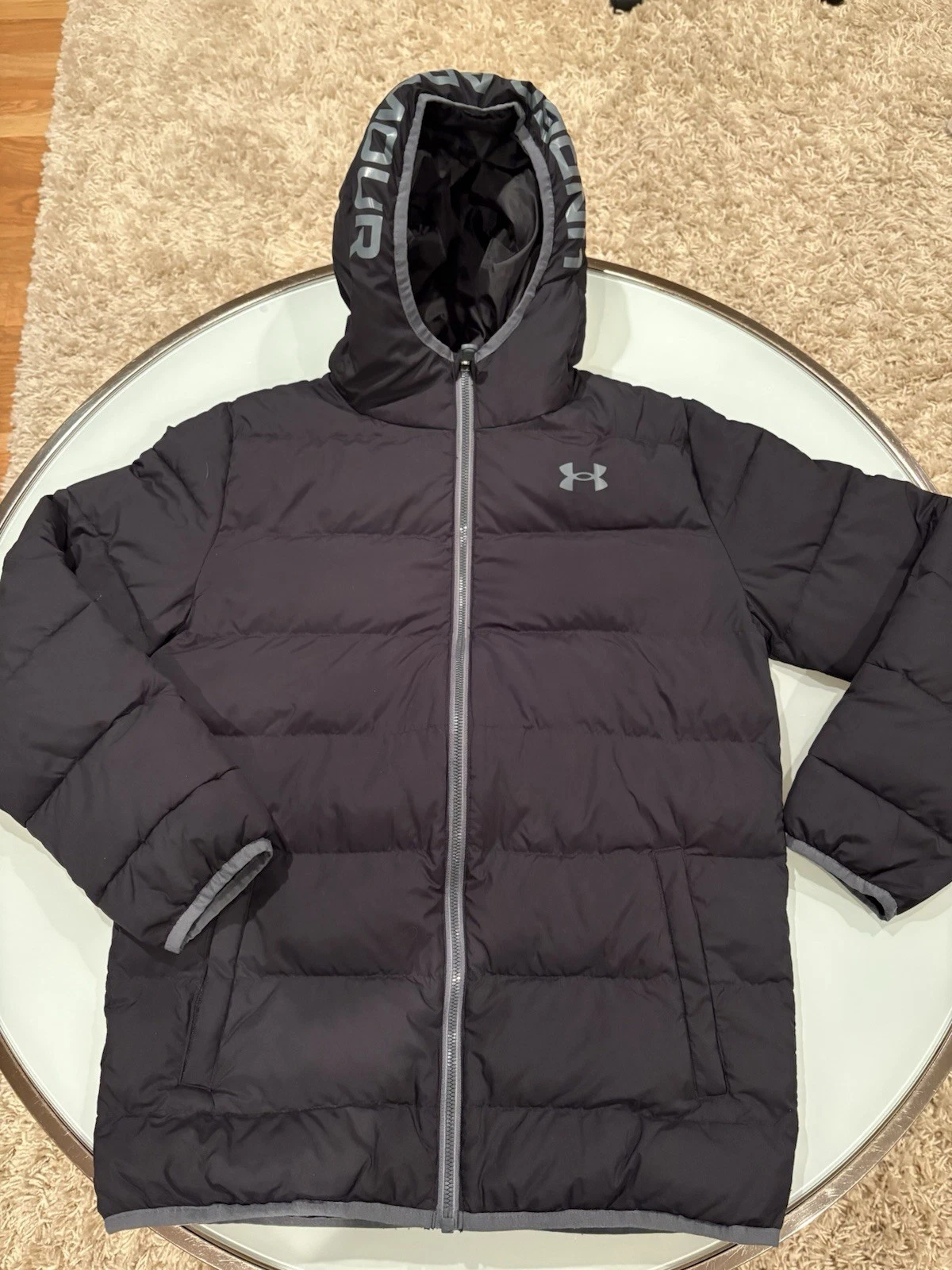 Under Armor UA Youth L Black Puffer Cold Gear Jacket Coat Hooded - Great Cond!
