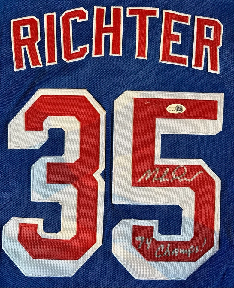 CAMISETA AUTO FIRMADA POR MIKE RICHTER LEYENDA DE LOS RANGERS DE NUEVA YORK CON 94 CAMPEONES RARA JSA Foto 3 de 3