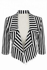 Black White Striped Open Front Jacket Blazer S/M 3/4 Sleeve Made in England