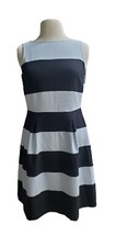 Ann Taylor LOFT Black & Blue Striped Pleated Dress Women 6 Classic Formal Office