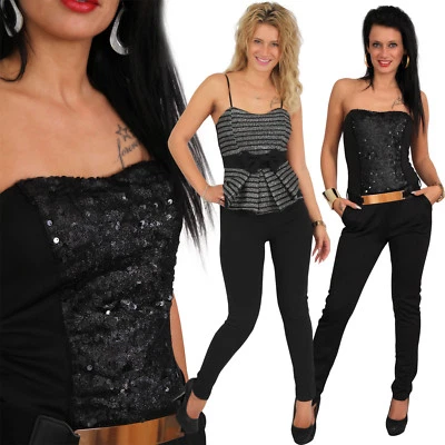 Overall Jumpsuit Einteiler Hose Party Silvester Bandeau Paillette Stretch Anzug - Bild 1 von 4