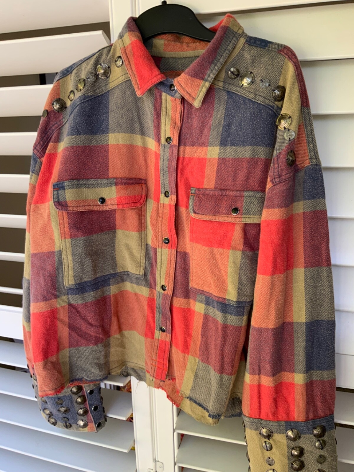 Free People Austin Plaid Buttondown Stud Boxy Shirt Small Was £188 Now On Sale