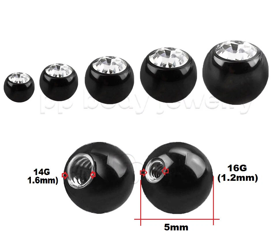 5 piezas. Piezas superiores de bola gema de repuesto de acero quirúrgico anodizado negro 16G 14G Foto 2 de 3